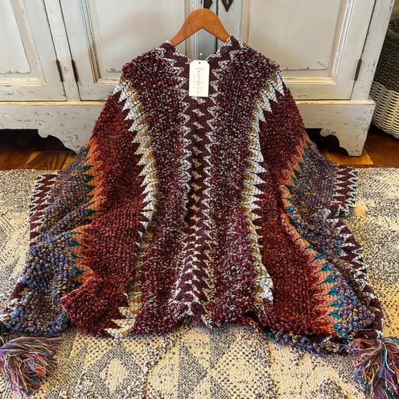 New Bohemian Loom Moroccan Knit Tasseled Handmade Poncho Cardigan Sweater - Picture 4 of 7